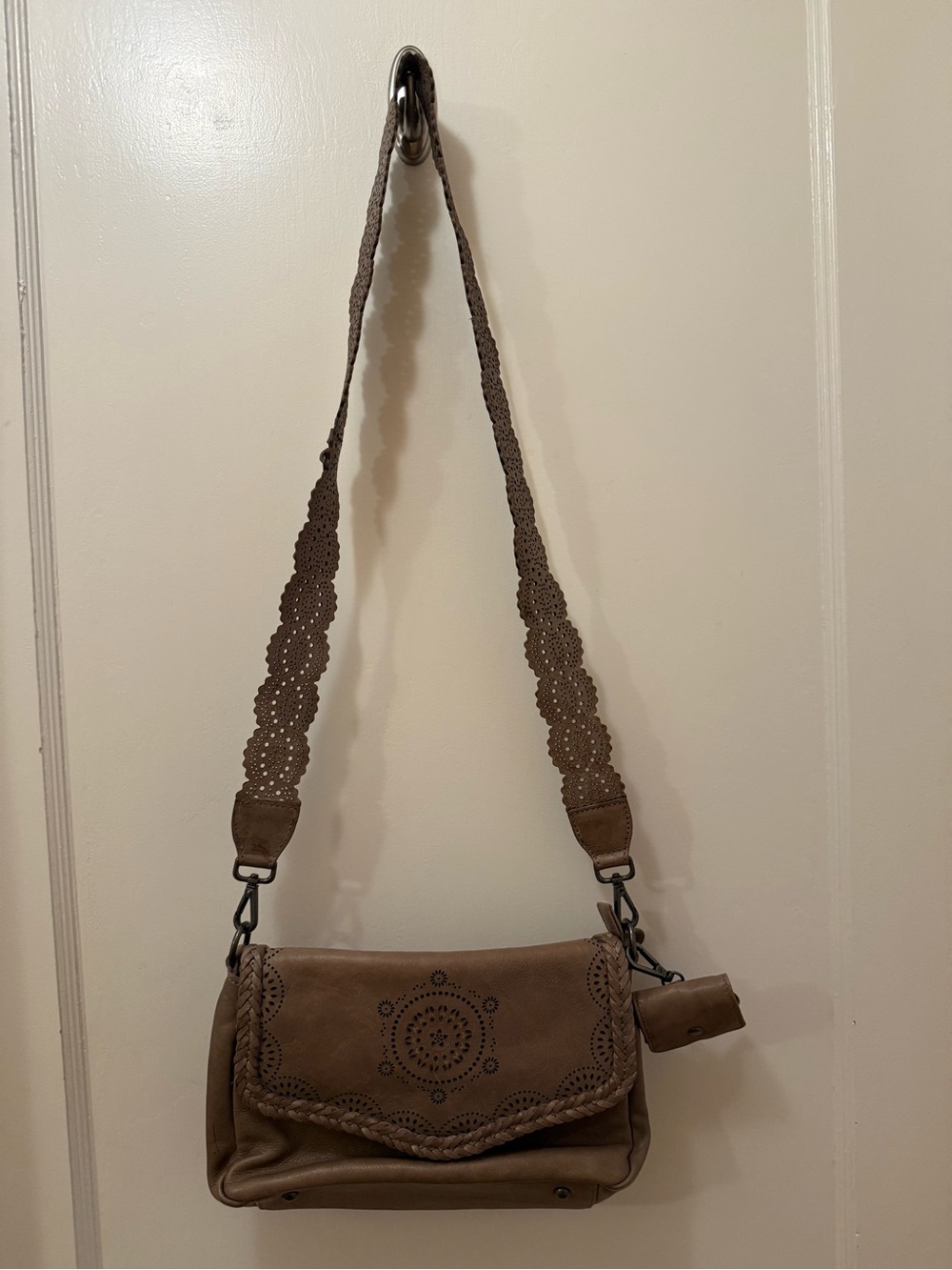 100 Percent Leather Brown Laser-Cut Crossbody Bag